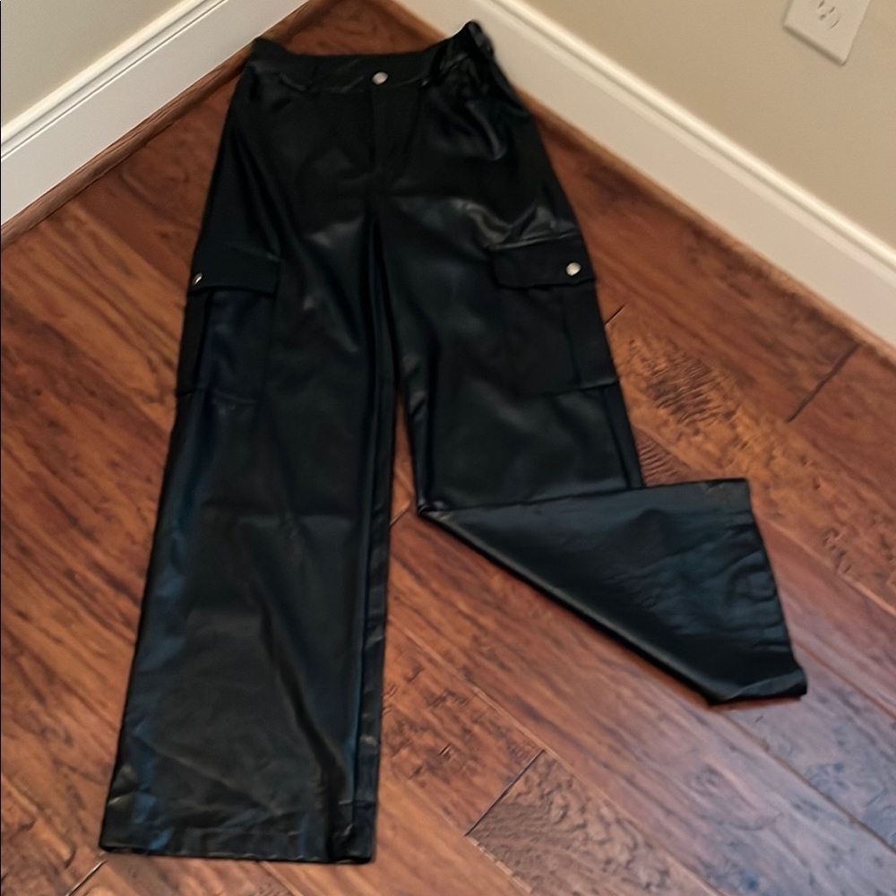 Entry Brand Black Faux Leather Cargo Pants